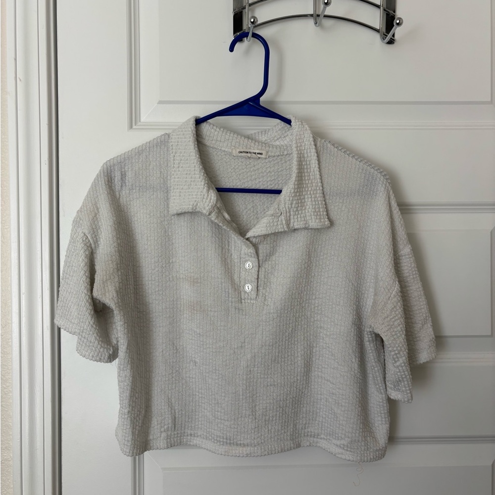 Womans White Ribbed Button Up Shirt